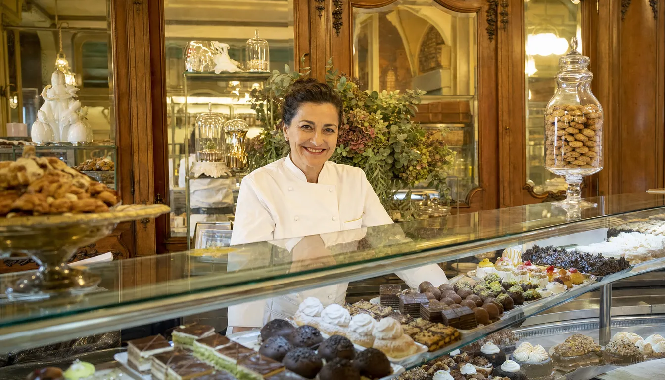 Il banco della pasticceria con le boiserie e la pasticcera