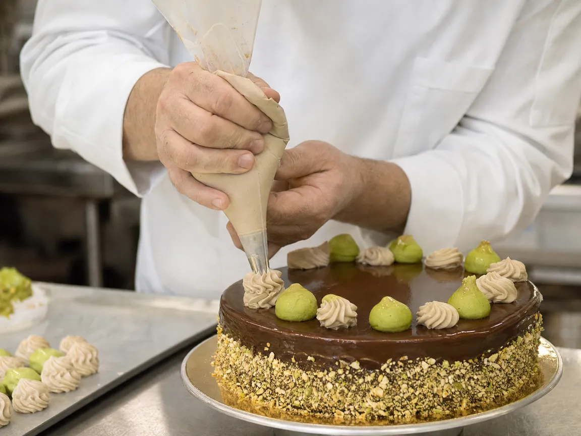 La pasticcera decora una torta con la sac à poche