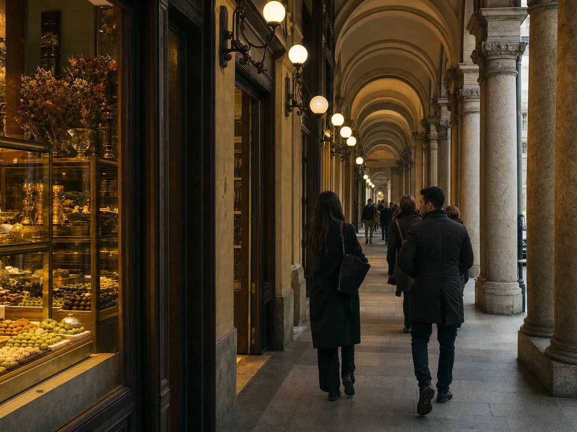I portici di Via Po davanti alla vetrina